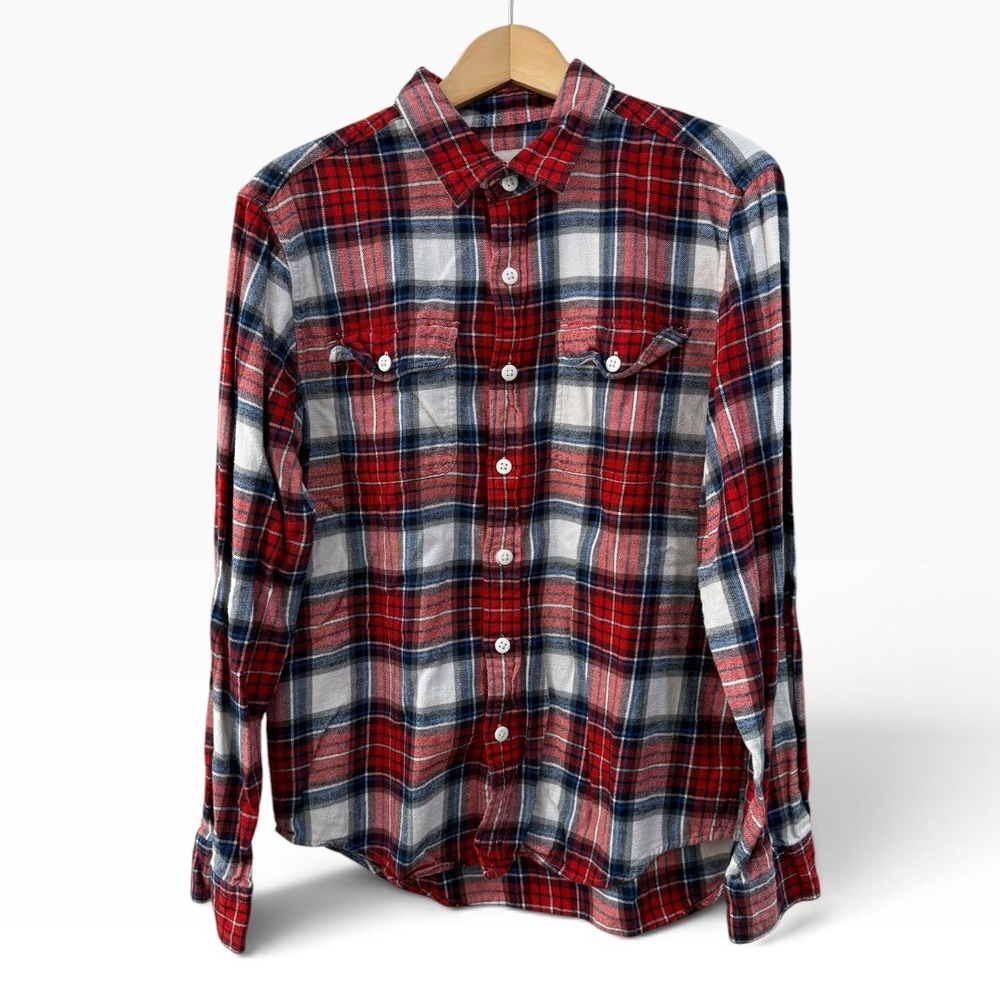 American Eagle Mens Large Red Blue Plaid Flannel Shirt Long Sleeve Button Down